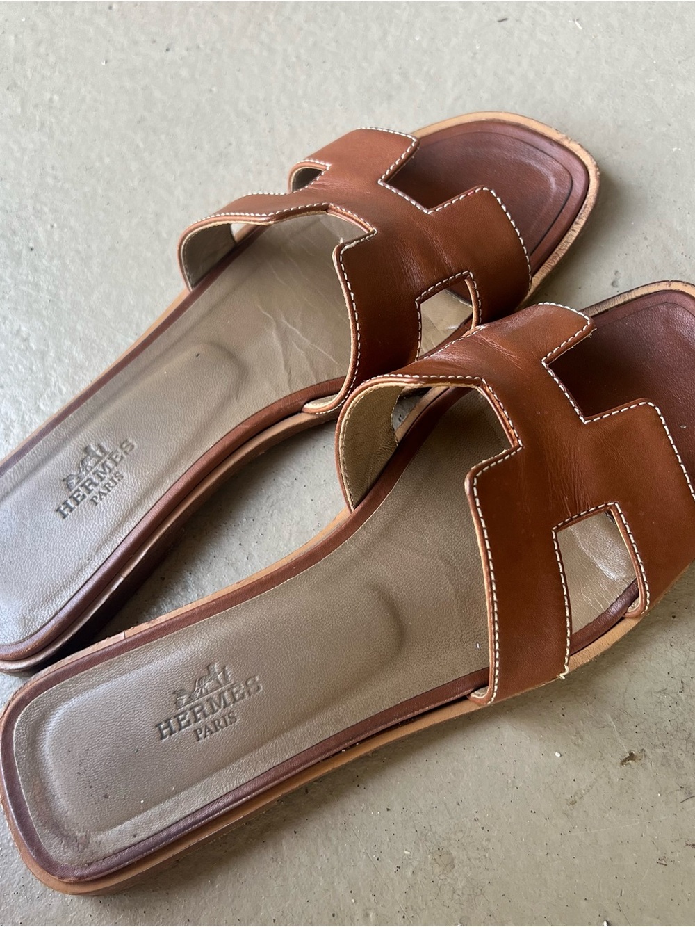 Hermes Brown Leather H-Cut Slide Sandals